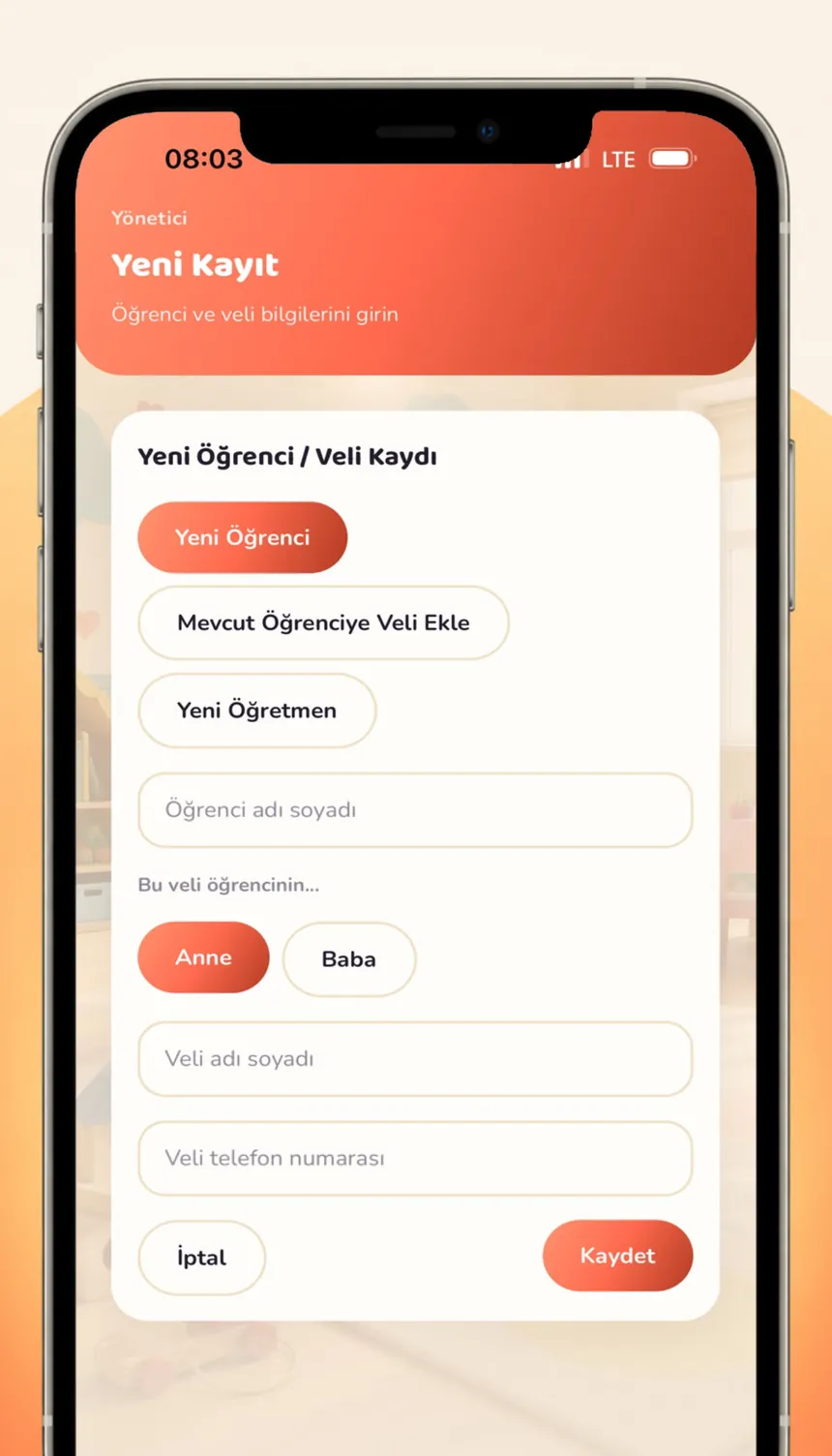 Yeni kayıt ekranı: öğrenci, veli ve öğretmen kayıt formu