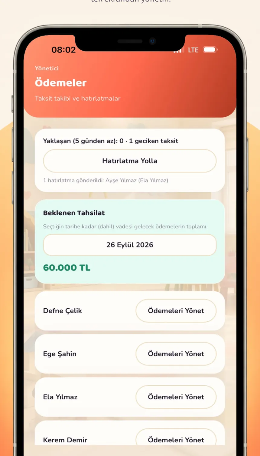 Ödemeler ekranı: hatırlatma gönderimi ve beklenen tahsilat toplamı