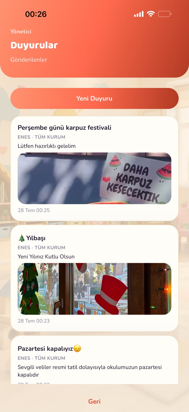 Duyurular yönetim ekranı